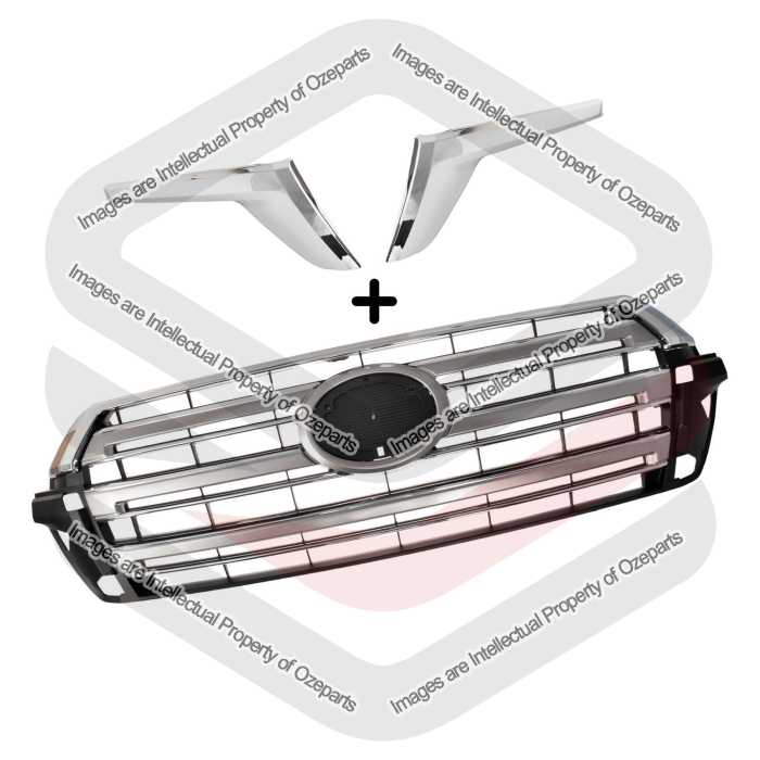 Ozeparts Fits Toyota Landcruiser FJ200 Series 3 2015~2021 GXL VX | Main Radiator Grille Front Grill + Pair of Head Light Mould Trims (No Camera Type)