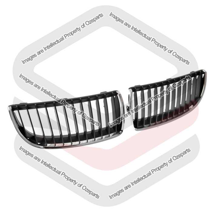 Ozeparts Fits BMW 3 Series E90 Series 1 Sedan 2005~2008 | Main Radiator Upper Kidney Grilles Top Grill (Chrome Black) | Pair LH Left + RH Right