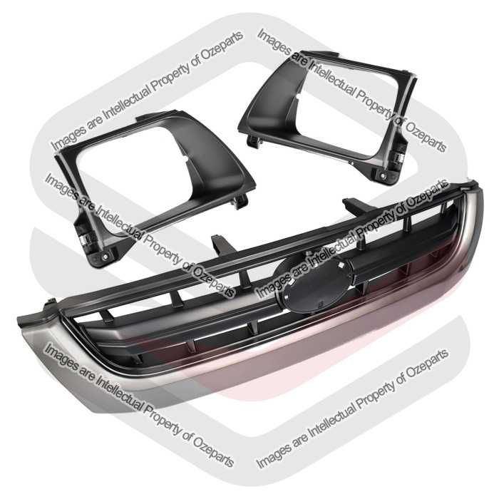Front Main Grille (Grey) + Head Light Rims For Toyota Hilux 2WD 4WD 01~05 Ute