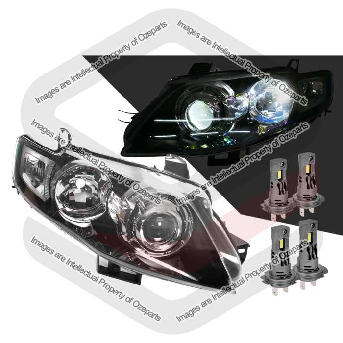 Head Light (Black) With Projector G6E Turbo + LED Globes (Set LH+RH)