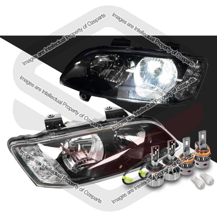Pair Headlights Black + LED Globes For Holden Commodore VE S2 Omega SS SV6 10~13